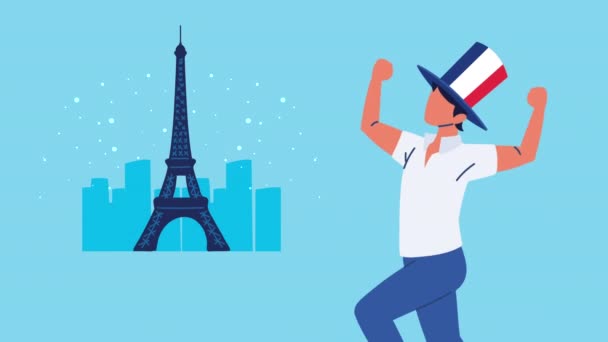 Ейфелева вежа на паризькому місті з французьким чоловіком — стокове відео