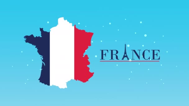 Bastille ημέρα Γαλλία γιορτή γράμματα στο χάρτη της σημαίας — Αρχείο Βίντεο