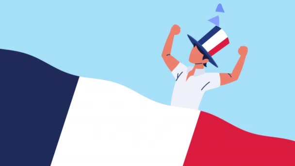 Bandera de Francia con el hombre francés celebrando — Vídeos de Stock