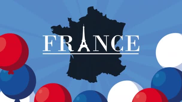 Bastille giorno francia celebrazione lettering in mappa con palloncini elio — Video Stock