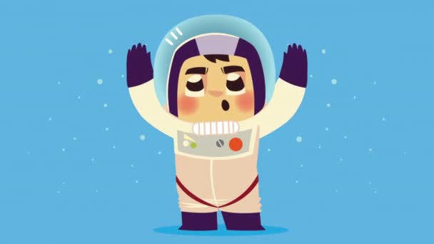 Χαριτωμένος αστροναύτης με τα χέρια ψηλά χαρακτήρα — Αρχείο Βίντεο