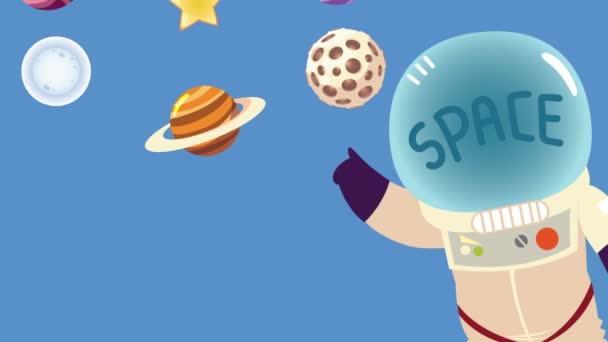 Cute astronaut with planets character — Stock Video