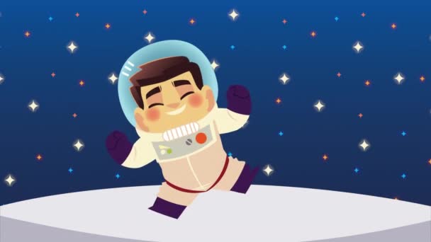かわいい宇宙飛行士が惑星のキャラクターを歩き — ストック動画