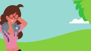 Boynunda kedi maskotu olan kadın.