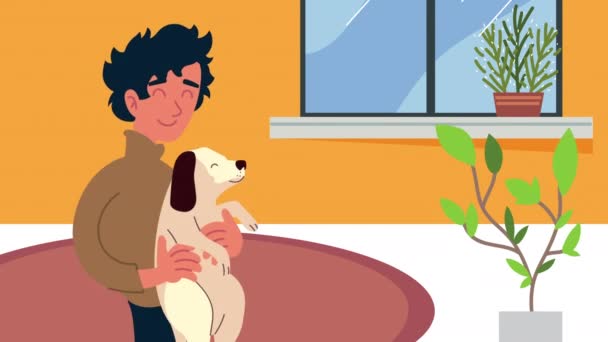 Man knuffelen hond in het huis personages — Stockvideo