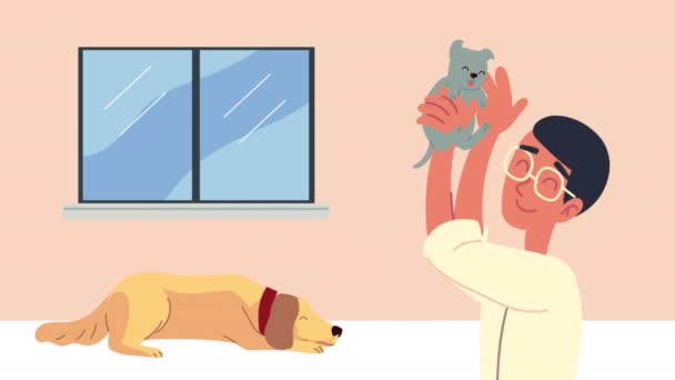 Man met honden mascottes in het huis personages — Stockvideo