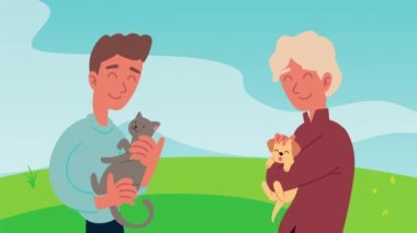 Tarlada kedi ve köpek maskotları olan adamlar.