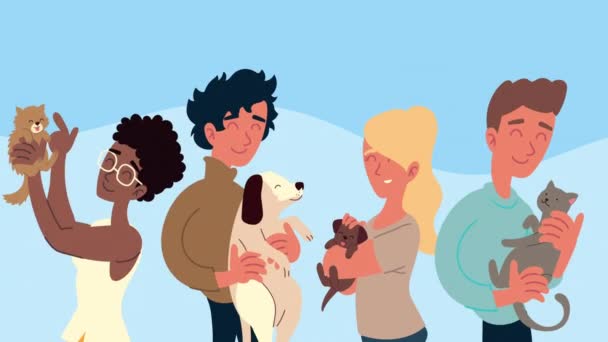 Personas con perros y gatos mascotas personajes — Vídeo de stock