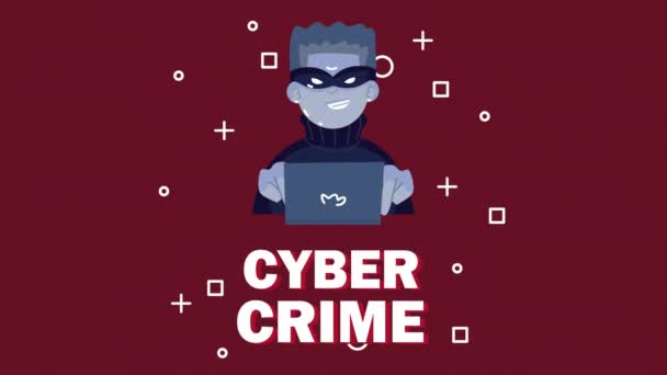 Hacker con computer portatile cibercriminalità lettering — Video Stock