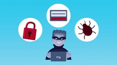 Dizüstü bilgisayar ve siber suç simgeleri kullanan bilgisayar korsanı