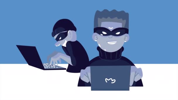 Hacker che utilizzano computer portatili cyber criminalità animata — Video Stock