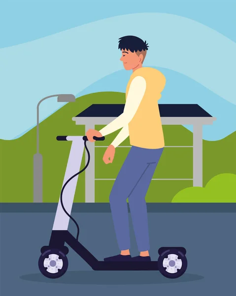 Çocuk elektrikli scooter kullanıyor. — Stok Vektör