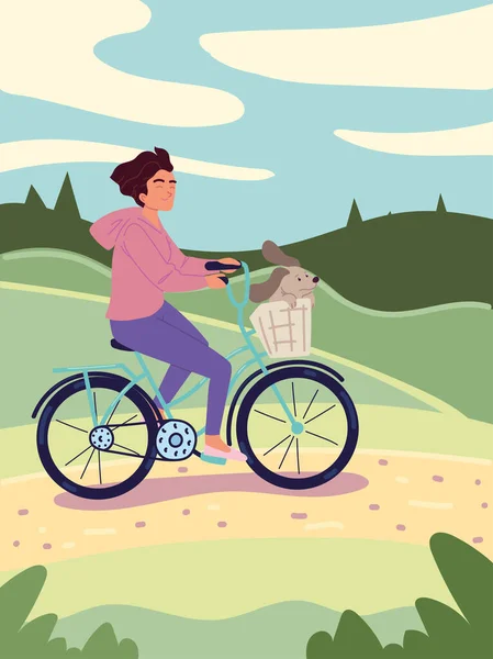 Bicicleta de montar mujer en el campo — Vector de stock