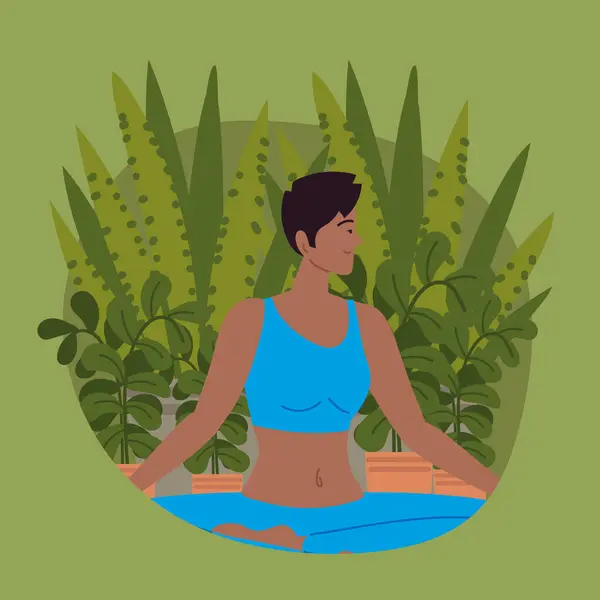 Frau macht Yoga im Garten — Stockvektor