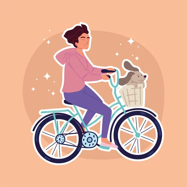 Donna in bicicletta con cane — Vettoriale Stock