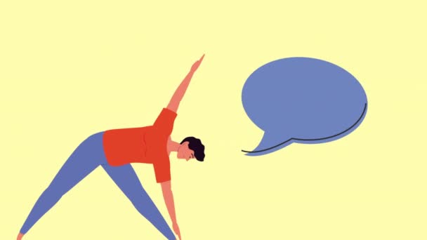 Mann praktiziert Yoga mit Sprechblase — Stockvideo