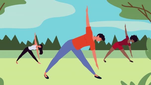 Personnes pratiquant le yoga dans le camp — Video