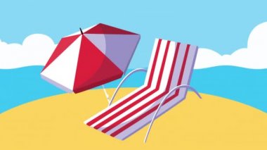 Yaz mevsimi sahilde Sandalye ve şemsiyeyle