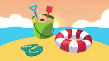 Yaz mevsimi kumsalda Oyuncak ve şamandıralarla