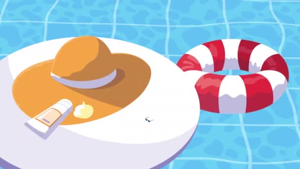 Summer season in pool with float and hat — Stock Video