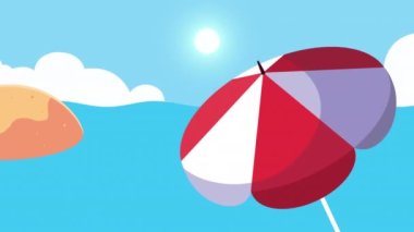 Adada yaz mevsimi deniz yıldızı ve şemsiyeyle