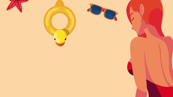 Olá animação de verão com mulher sexy e ícones — Vídeo de Stock