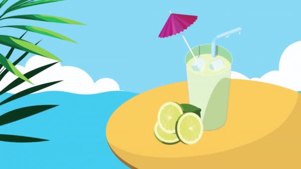 Lemon juice fruit cocktail on the beach — Stock Video