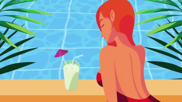 Olá animação de verão com mulher bebendo cocktail — Vídeo de Stock