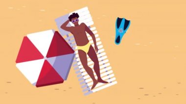 Plaj karakterinde bronzlaşan afro genç adam.