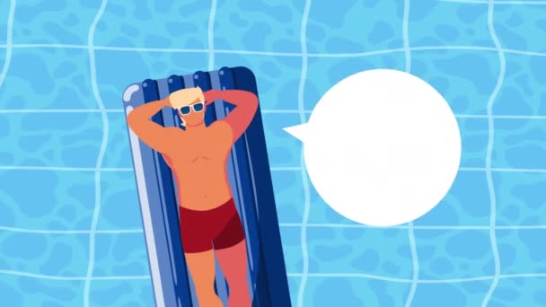 Blond young man tanning in pool character — Stock Video