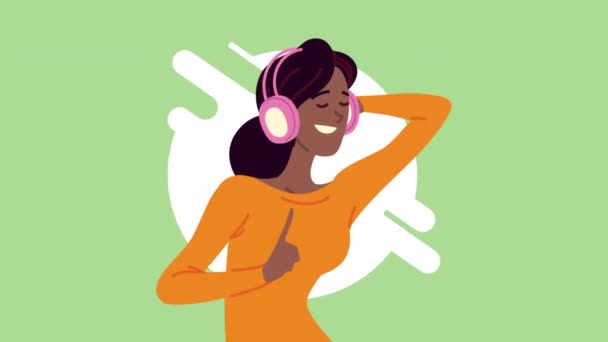 Afro γυναίκα ακούγοντας μουσική χαρακτήρα — Αρχείο Βίντεο
