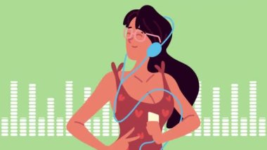 Genç kız dalgalarla müzik dinliyor.