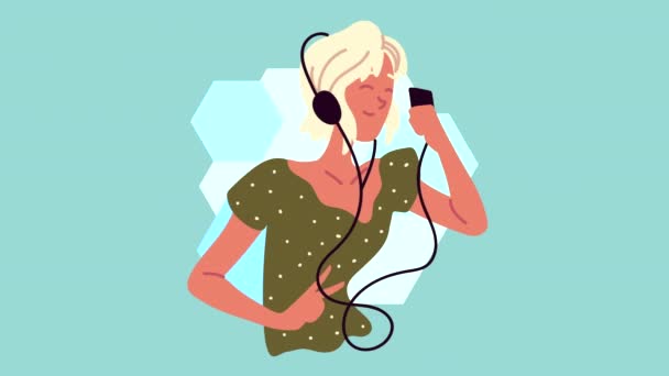 Блондинка слушает музыку персонажа — стоковое видео