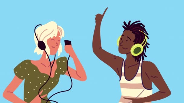 Interracial couple listening music characters — Stock Video