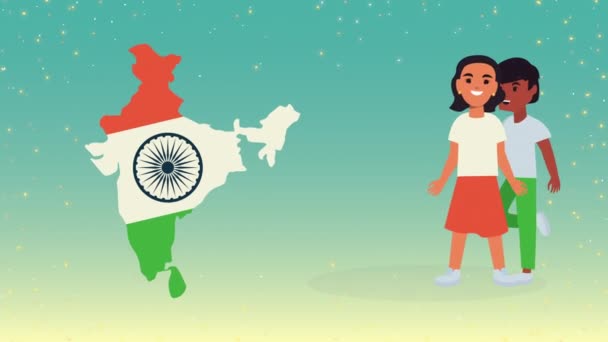 Animation de célébration de l'Inde avec les enfants et le drapeau dans la carte — Video