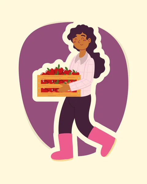 Granjero chica con cesta manzanas — Vector de stock