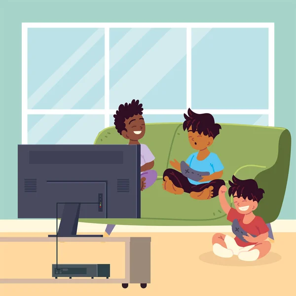 Boy at home playing video games — Stock Vector