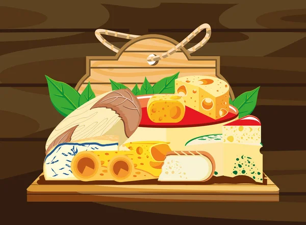 木材上的奶酪配料 — 图库矢量图片