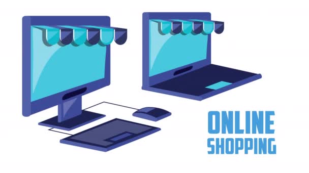 Napisy zakupów online na komputerze i laptopie — Wideo stockowe