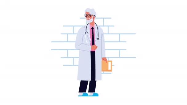 Medicine old doctor worker with documents character — Stock Video