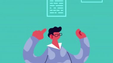 Genç adam belgelerle kutlama yapıyor.