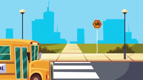 Terug naar school animatie met bus — Stockvideo