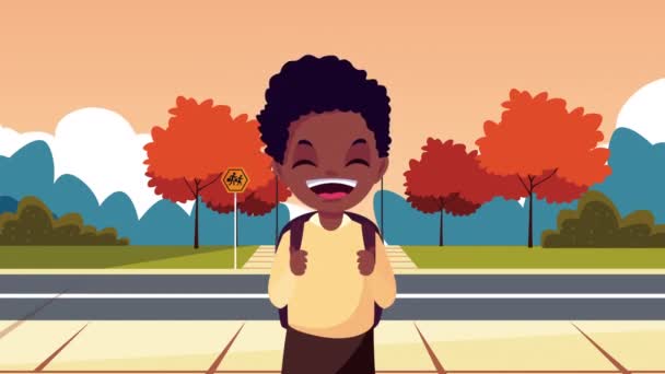 Vissza az iskolába animáció afro iskolás fiú az utcán — Stock videók