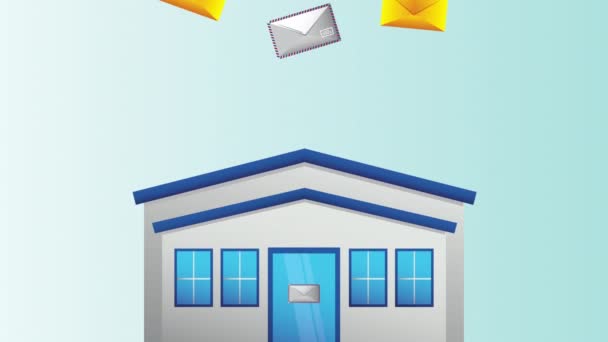 Posttjänster animation med kuvert och hus — Stockvideo