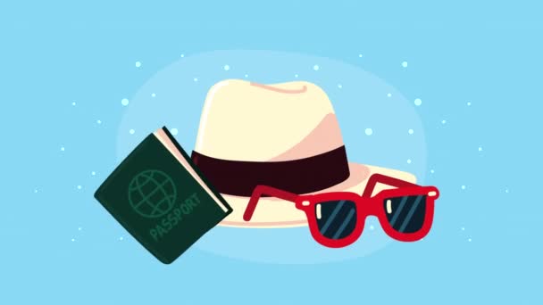 Bon voyage animation med hatt och ikoner — Stockvideo