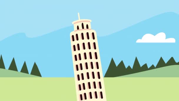 Bon voyage animation with pisa tower in the camp — Stock Video