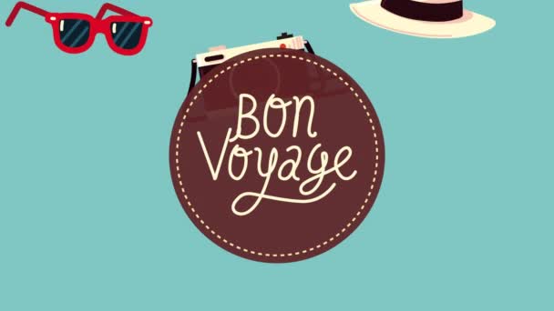 Bon voyage bokstäver med uppsättning sommar ikoner — Stockvideo