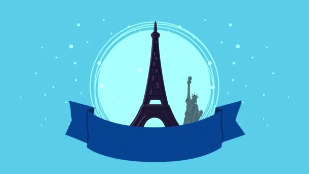 Bon voyage animation with landmarks in ribbon — Stock Video