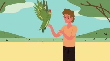 Papağan egzotik kuş animasyonu olan adam.