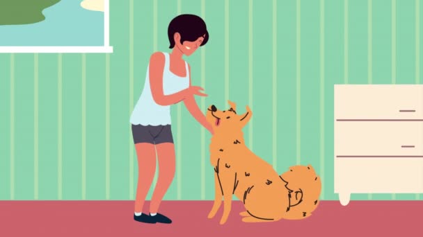 Woman with cute dog animation — Stock Video
